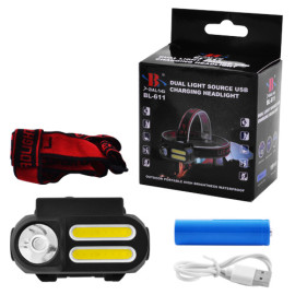 Фонарь налобный NF-1804/611-1LM+2COB, 1x18650, ЗУ microUSB