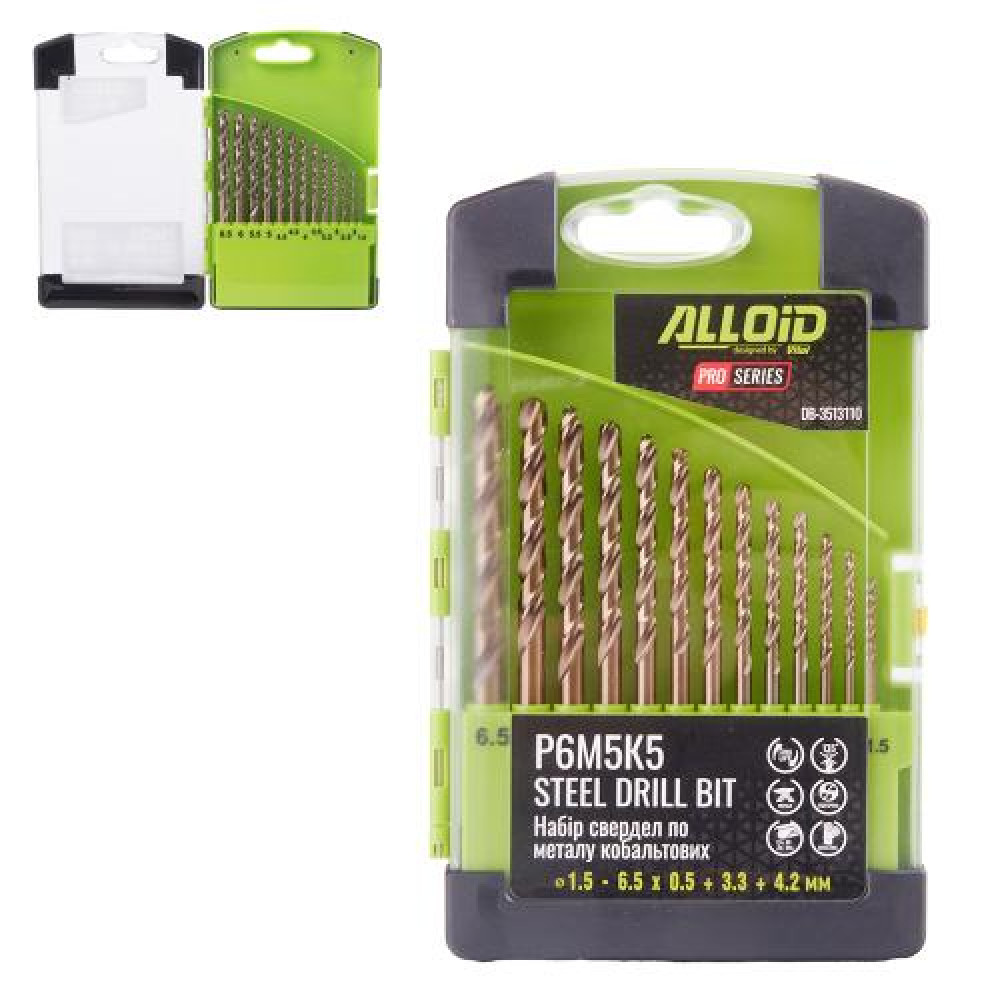 Alloid Pro. Набор сверл по металлу кобальтовых 1-6,5мм 13ед. Р6М5К5