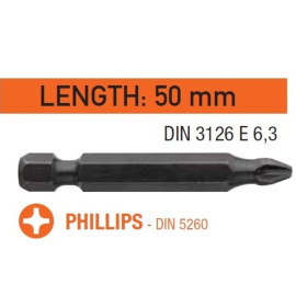 Насадка викруткова USH Industry : Phillips Torsion PH2 x 50 мм. Torsion подовжена, Уп. 10 шт.