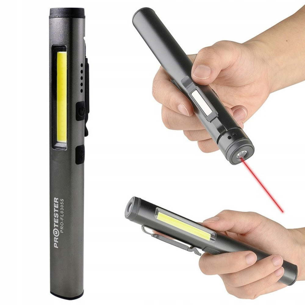 Фонарик светодиодный алюминиевый (COB+LED) с УФ, лазером и магнитом Pen Light  PROTESTER PRO-FL0305S