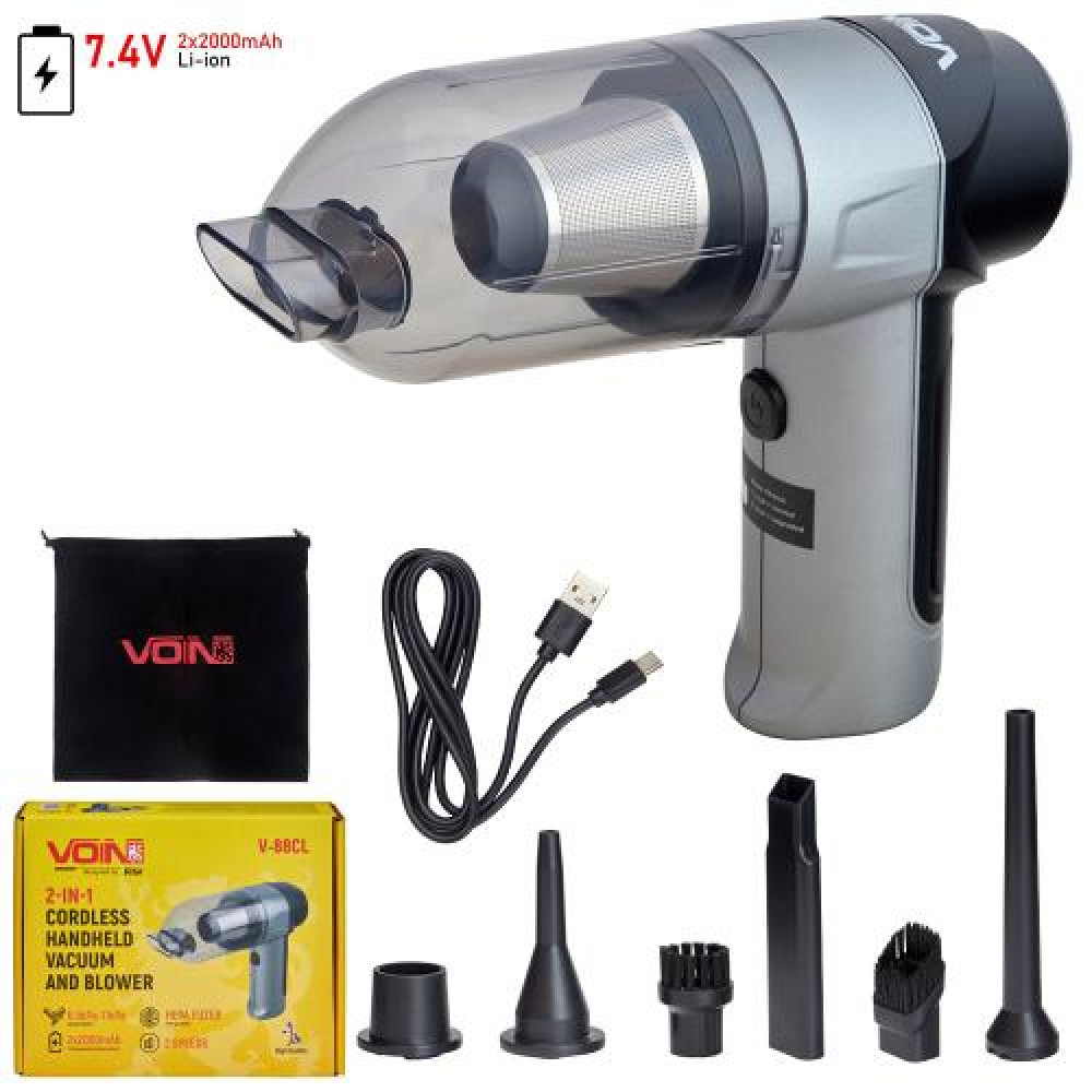 Пылесос "VOIN" V-88CL 90W/7.4V/АКБ-2х2000mAh/2 режима/влажная и сухая чистка/сумка