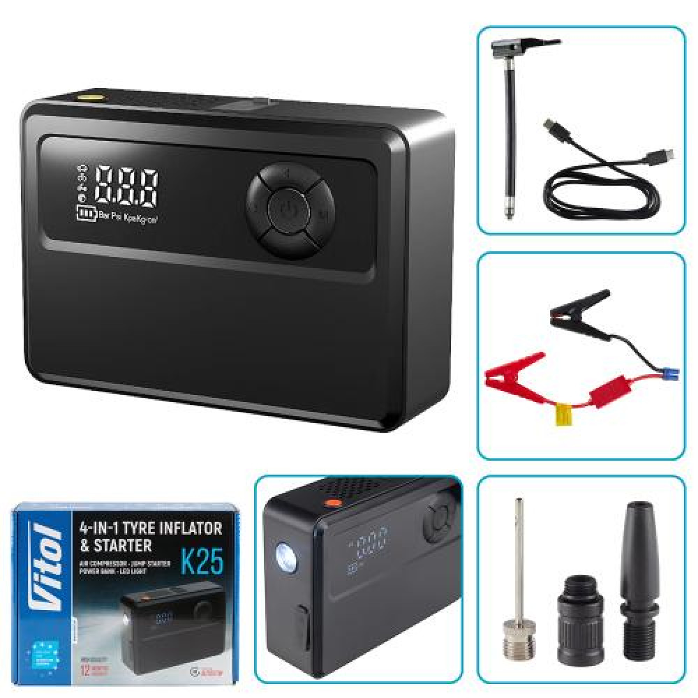 Компрессор "ViTOL" K-25 4in1/14.8V/22.2wh/6000mAh/Бустер/Повербанк/Ліхтар