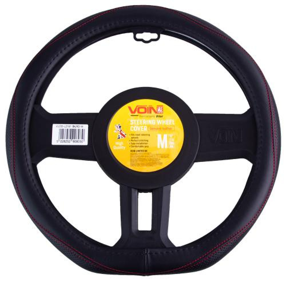 Чехол руля  VLOD-LF2161 BK/RD M черн/БО/один шов/кожа/flat