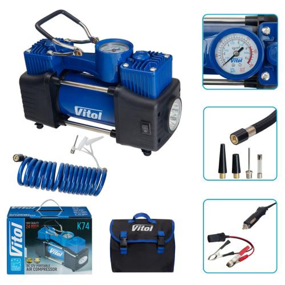 Компрессор "ViTOL" K-74 150psi/15Amp/85л/2 цилиндра/шланг 3,0,м/прикур.+переходник