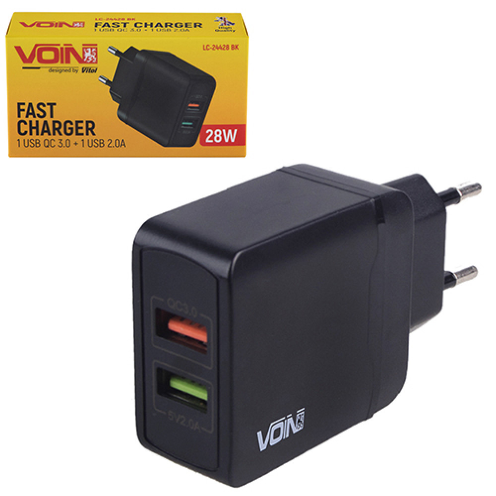 Сетевое зарядное устройство VOIN 28W, 2 USB, QC3.0 (Port 1-5V*3A/9V*2A/12V*1.5A. Port 2-5V2A)