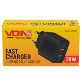 Сетевое зарядное устройство VOIN 28W, 2 USB, QC3.0 (Port 1-5V*3A/9V*2A/12V*1.5A. Port 2-5V2A)
