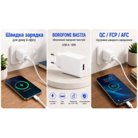 Сетевое зарядное устройство BOROFONE BAS72A USB-A: 18W (QC/FCP/AFC) White