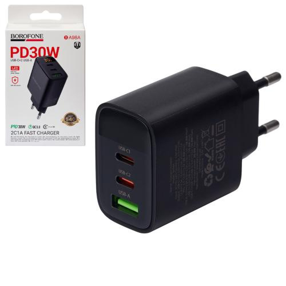 Сетевое зарядное устройство с дисплеем BOROFONE BA98A USB-C1/C2:30W, USB-A?18W Black