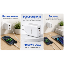 Сетевое зарядное устройство BOROFONE BN32 USB-C1:65W, USB-C2?20W, USB-A?18W White