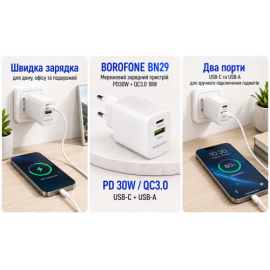 Сетевое зарядное устройство BOROFONE BN29 PD30W+QC3.0 18W White