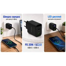 Сетевое зарядное устройство BOROFONE BA96A Type-C: 20W,  USB-A: 18W LED дисплей, Black