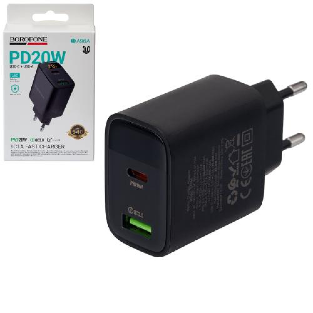 Сетевое зарядное устройство BOROFONE BA96A Type-C: 20W,  USB-A?18W LED дисплей, Black