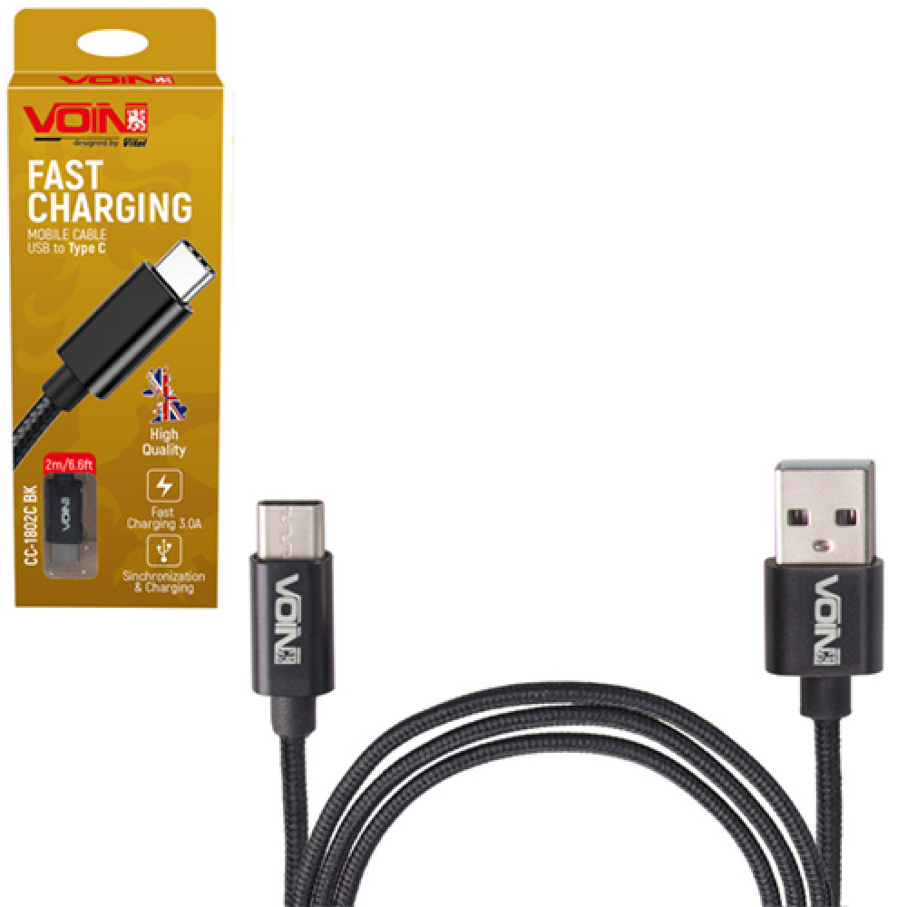 Кабель  VOIN CC-1801C BK, USB - Type C 3А, 1m, black (быстрая зарядка/передача данных)