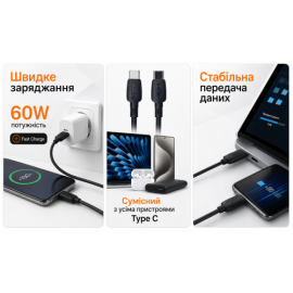 Кабель  VOIN CC-1202C Type C - Type C 60W 1m, black (быстрая зарядка/передача данных)