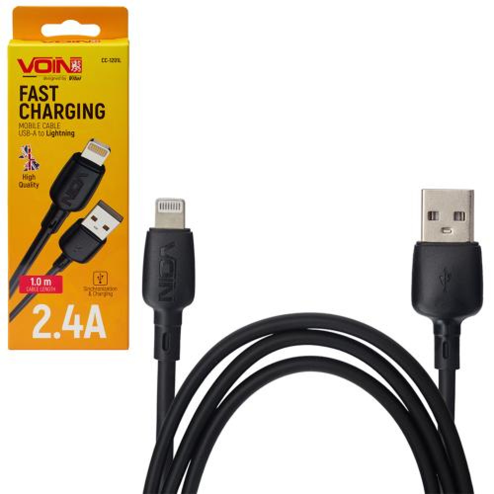 Кабель  VOIN CC-1201L USB - Lightning 2.4А, 1m, Black (быстрая зарядка/передача данных)