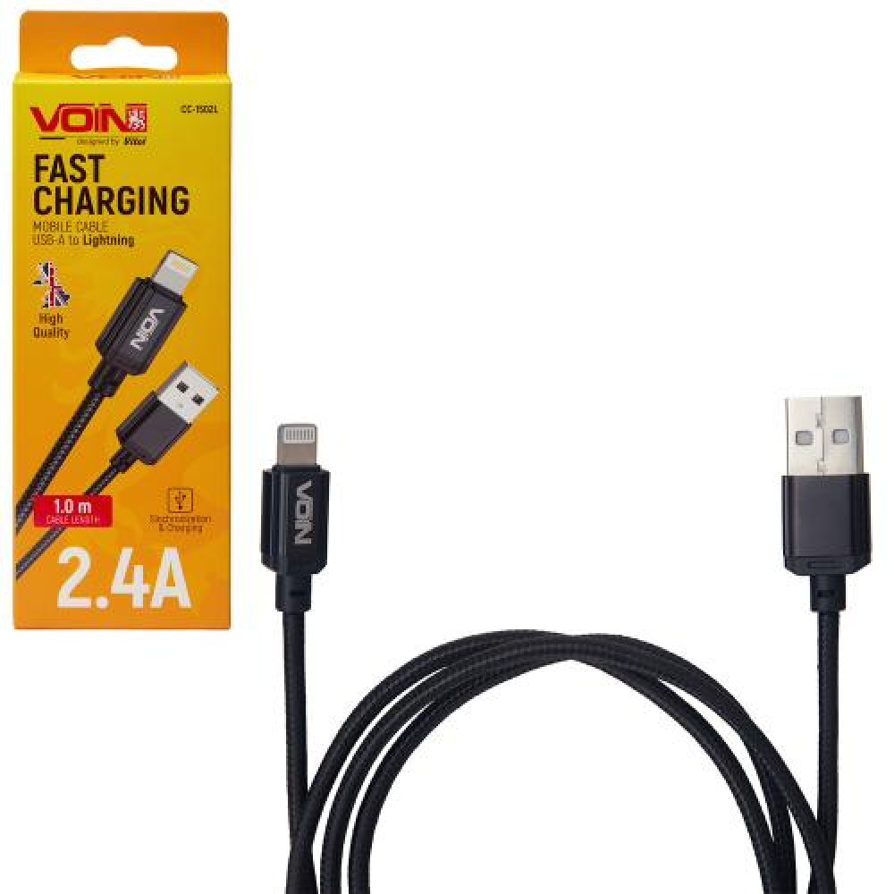 Кабель  VOIN CC-1502L USB - Lightning 2.4А, 1m, black (быстрая зарядка/передача данных)