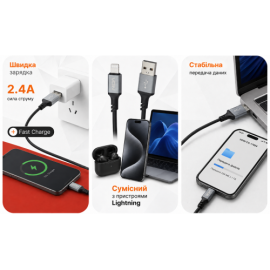 Кабель  VOIN CC-1702L USB - Lightning 2.4А, 1m, Black (быстрая зарядка/передача данных)