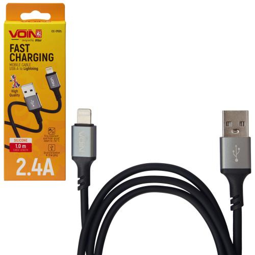Кабель  VOIN CC-1702L USB - Lightning 2.4А, 1m, Black (быстрая зарядка/передача данных)