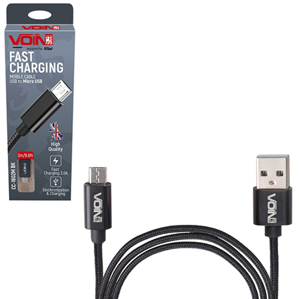 Кабель  VOIN CC-1802M BK, USB - Micro USB 3А, 2m, black (быстрая зарядка/передача данных)
