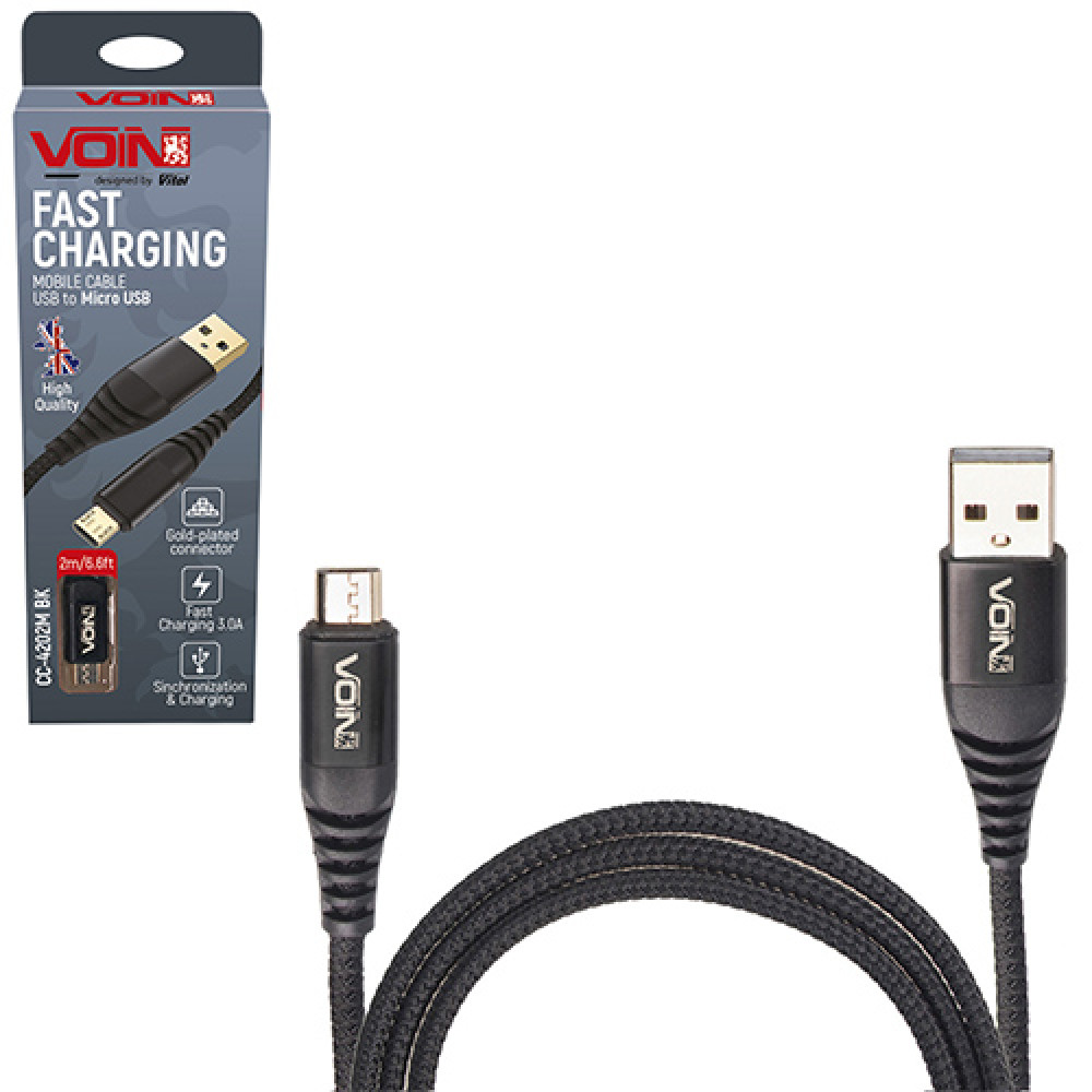 Кабель  VOIN CC-4202M BK USB - Micro USB 3А, 2m, black (быстрая зарядка/передача данных)