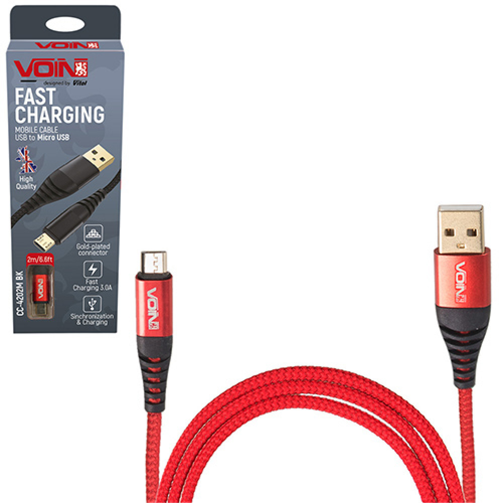 Кабель  VOIN CC-4202M RD, USB - Micro USB 3А, 2m, red (быстрая зарядка/передача данных)