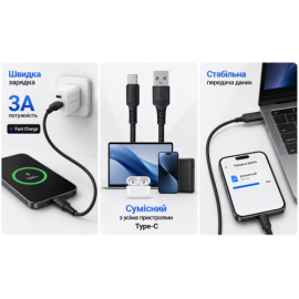Кабель BOROFONE BX116BK, USB - Type-C 3А, 1m, Black (быстрая зарядка/передача данных)