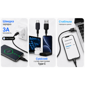 Кабель BOROFONE BX113BK, USB - Type-C 3А, 2m, Black (быстрая зарядка/передача данных)