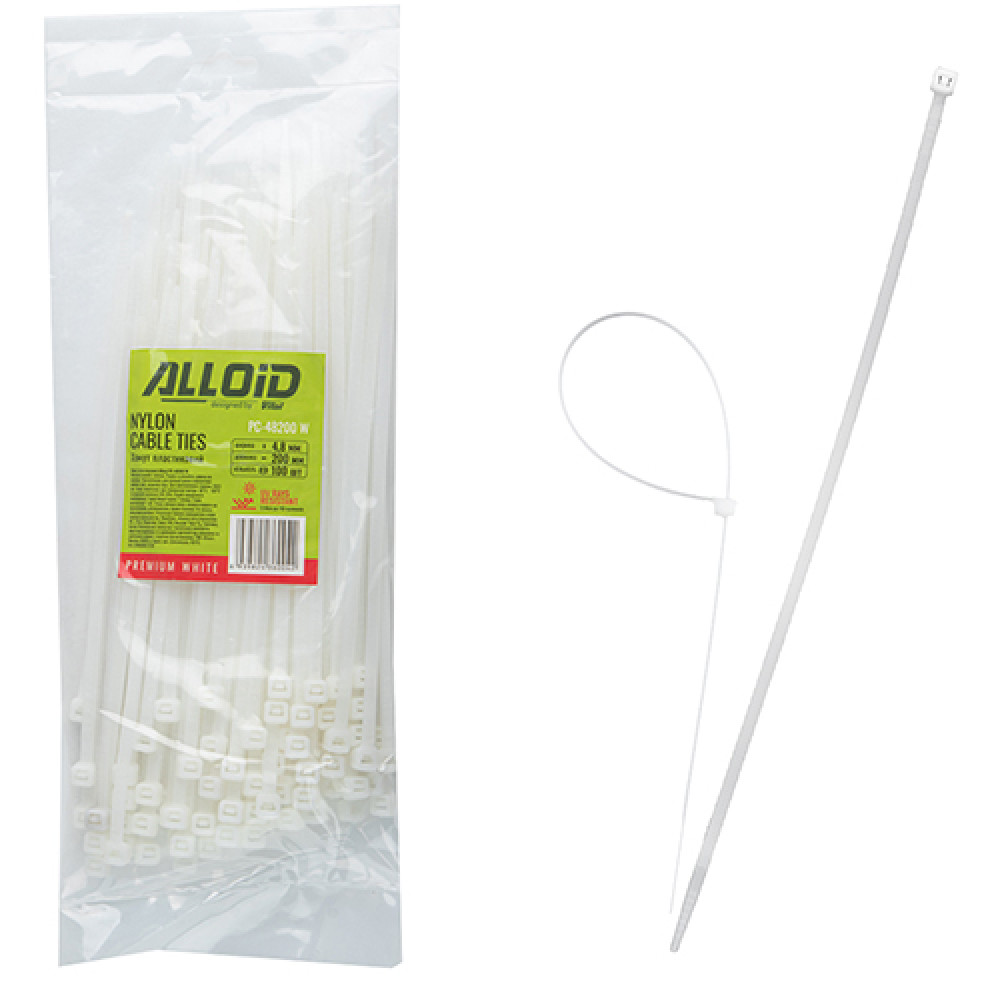Хомут пластиковый Alloid 4.8 х 200 100шт/уп белый
