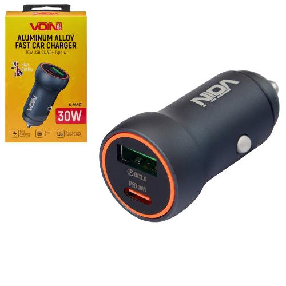 Автомобильное зарядное устройство VOIN 30W, 1USB QC3.0 18W + 1PD 30W, 12/24V
