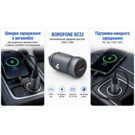 Автомобильное зарядное устройство BOROFONE BZ32, USB-C: 30W (PD/QC/FCP/AFC) Metal gray