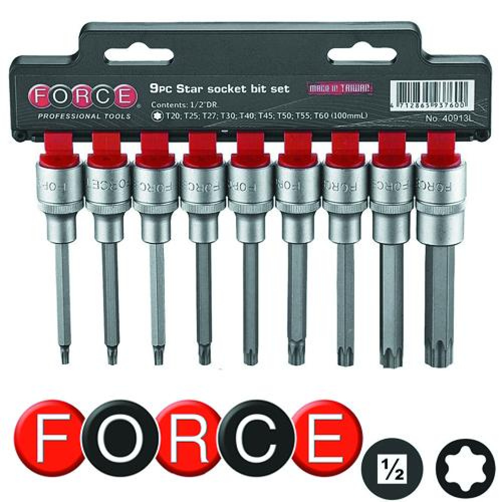 1/2" Набор головок-бит Е-профиль (Torx) удлиненных 9 пр., L=100 мм (FORCE 40913L)